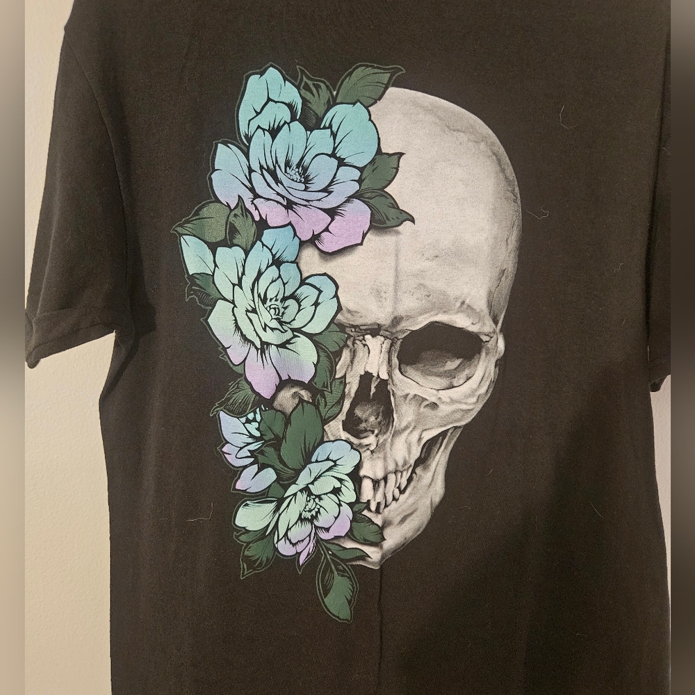 Black T-Shirt with Skull and Floral Design
